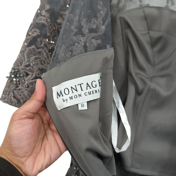 Montage Mon Cheri Women 8 Gown Charcoal Gray 219976 Evening Mother of Bride Lace - Picture 5 of 10